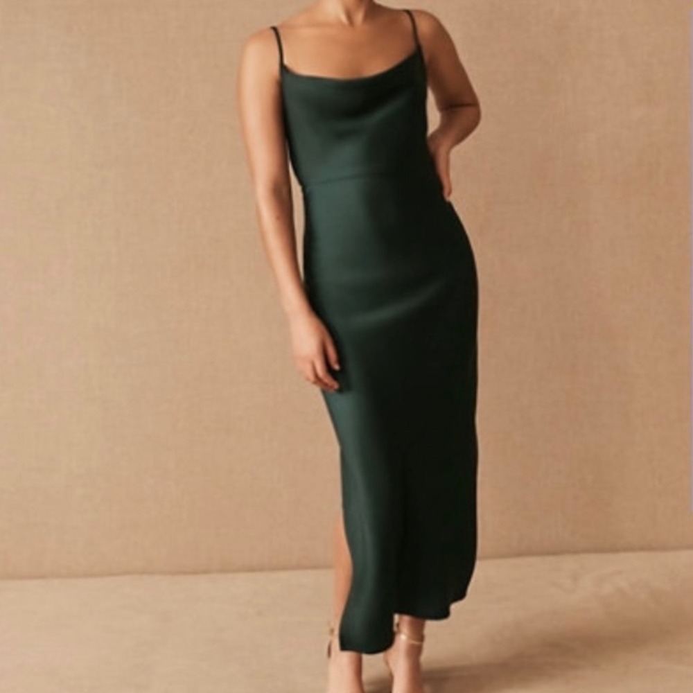BHLDN Cali Satin Cowl-Neck Midi Slip Dress Forest Green XL Formal Weddingā Guest
